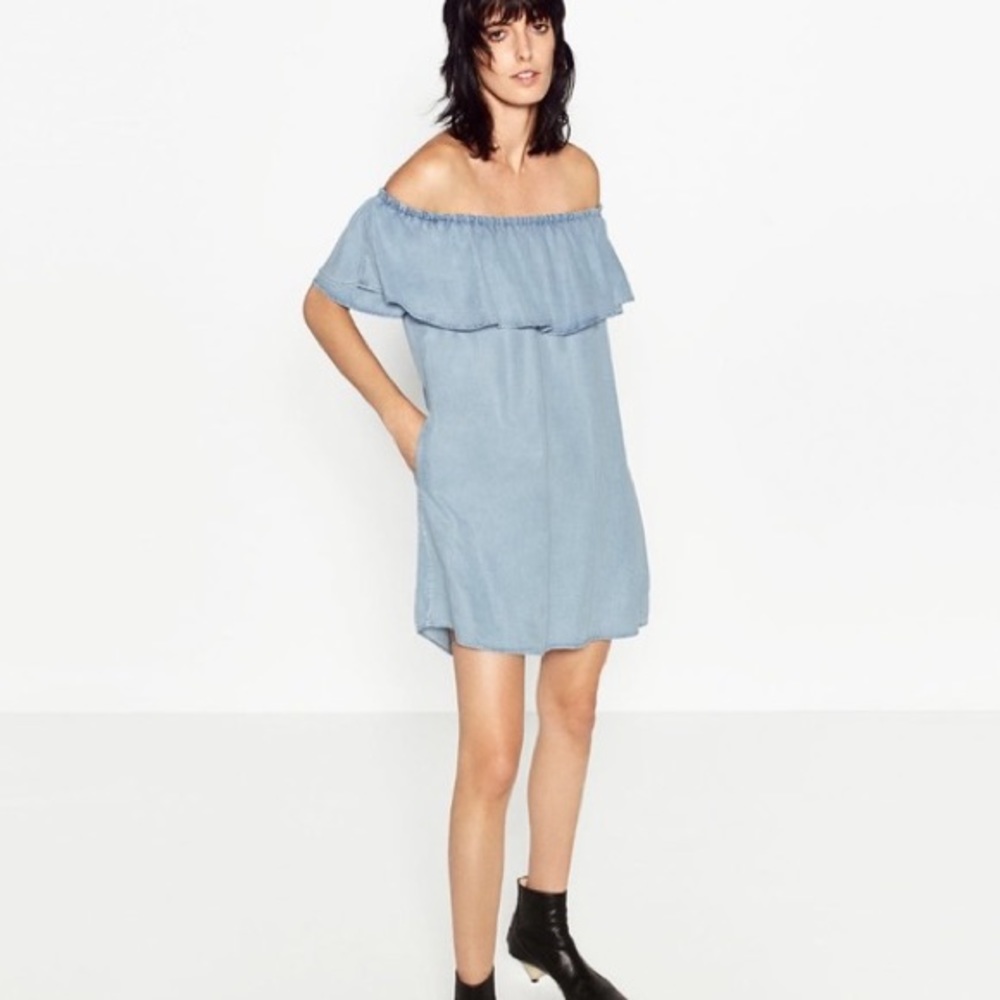 ZARA Premium Denim Collection Off Shoulder Dress